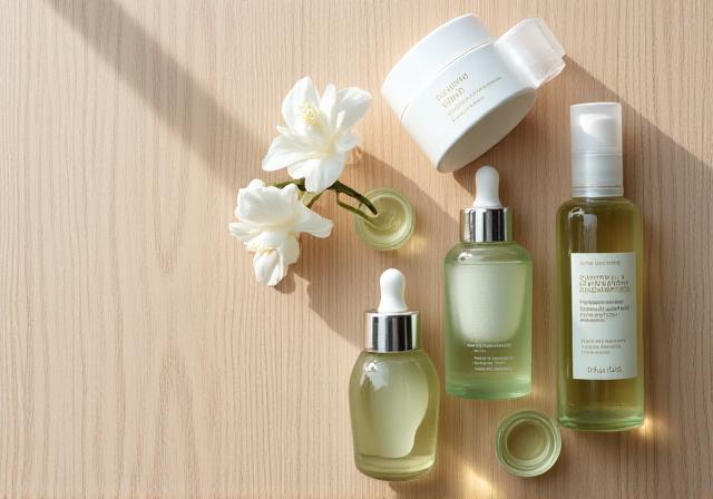 Natural skincare products on a wooden surface