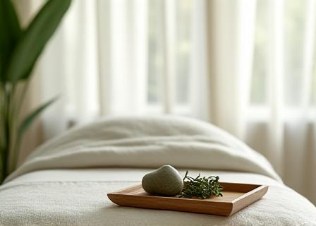 Serene spa treatment room with soft lighting and organic textures