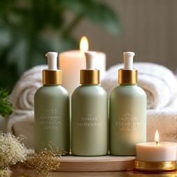 Serene wellness setting with candles and organic lotions