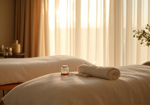 Relaxation area with comfortable loungers and soft drapes